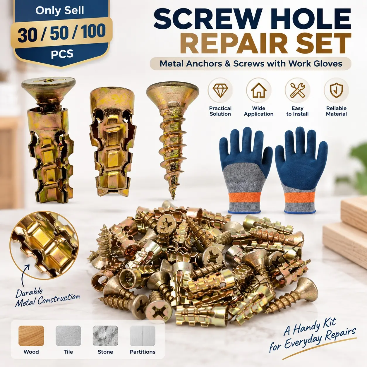 30/50/100 PCS 6x14mm Short Metal Expansion Screws Set with Work Gloves, Steel Screws and Expansion Anchors for Loose Cabinet Door Hinges and Stripped Screw Hole Repair, for Wood, Tile, Stone and Furniture