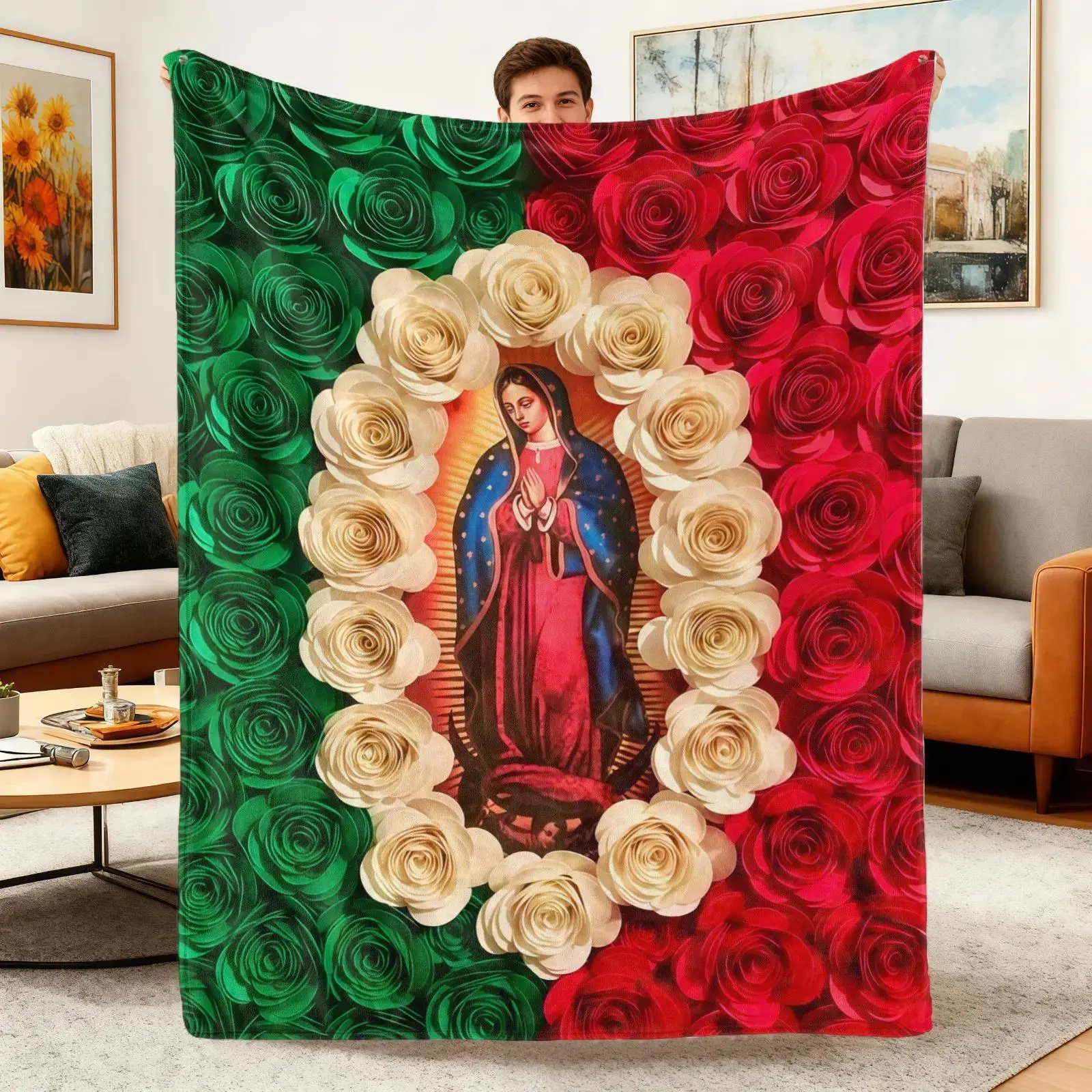 Summerwins Virgin Mary & Rose Religious Flannel Throw Blanket, Mexican Flag Inspired Soft Cozy Blanket for Couch Bed Sofa, Home Decor Gift for Friends and Family