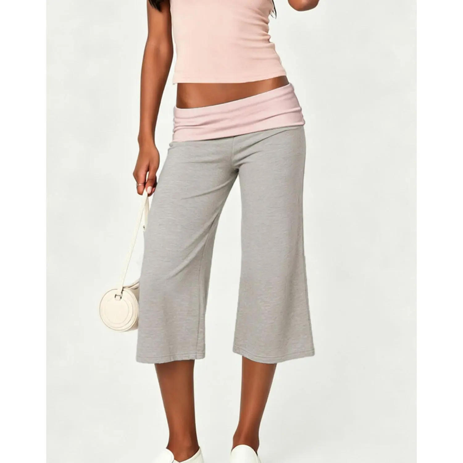Liqucy Women Fold Over Waist Wide Leg Gaucho Capri Pants Flowy Yoga Lounge Trousers Summer Casual Daily Outfit