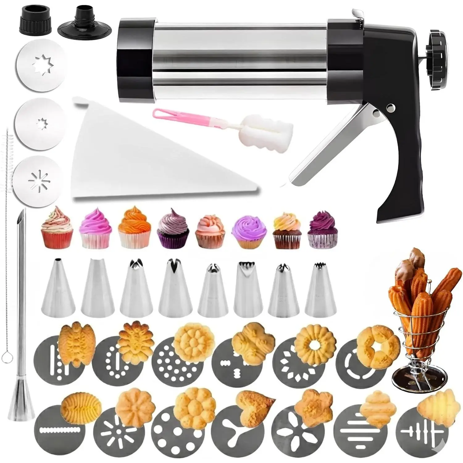 Sturdy 4-in-1 Stainless Steel Churro Maker Machine, 16 Disks, 9 Nozzles, Cookie Press Kit for Thick Spritz Cookies, Pastry Filler Injector for Cheese Churros Rellenos, Straw-Compatible, Birthday Gift for Women, Handles, Classic