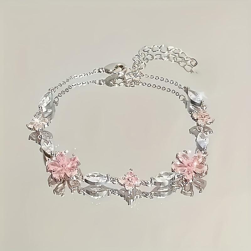 Adjustable Pink Cherry Blossom Bracelet - Elegant Bohemian style petal design, inlaid with sparkling synthetic zircon, delicate chain link jewelry, suitable for daily wear and gift giving, women's jewelry, exquisite craftsmanship