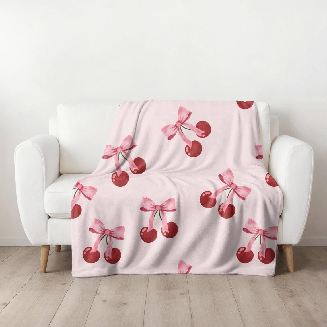 Soft Minky Plush Blanket with Cherry & Pink Bow Design, Coquette Style, , All-Season Use, Machine Washable, Contemporary Home Decor, Perfect Gift for Her, Throw Contemporary Style Quilted Texture-280GSM