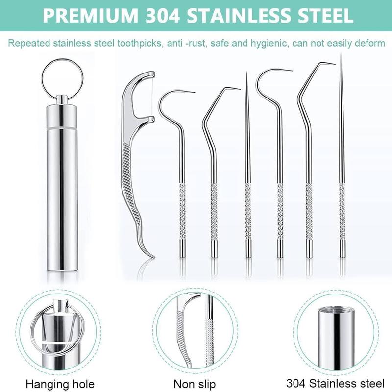 7PCS Stainless Steel Toothpick Pocket Set, Dental Floss Pick, Reusable Teeth Cleaning Tools Kit with Portable Holder, Keychain Design for Outdoor Picnic, Camping, Travel Essentials