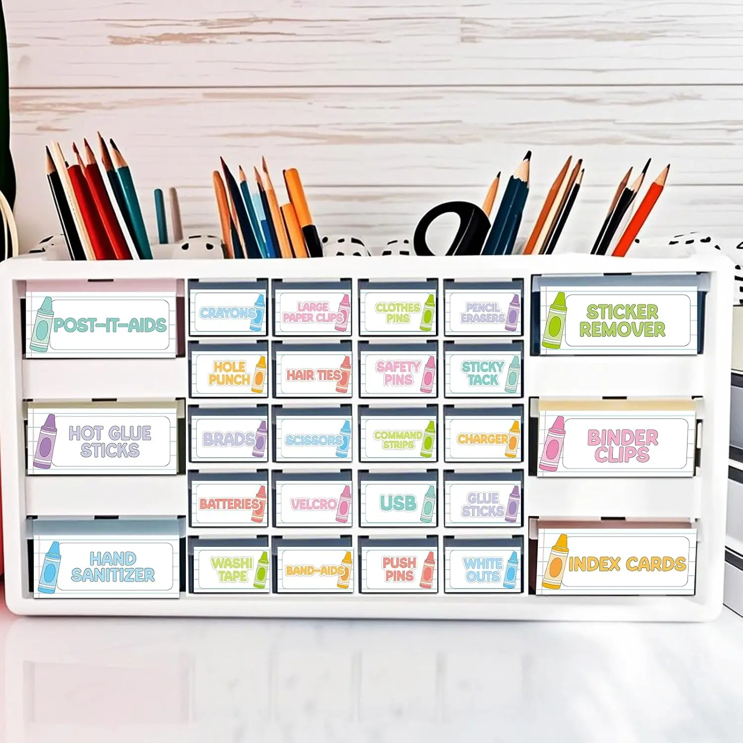 54-Count Self-Adhesive Crayon Classroom Toolbox Labels with Lined Border, Labeling Supplies for Teachers, Pastel Organizer Decals for Back-to-School Office Stationery Storage Decor, Synthetic