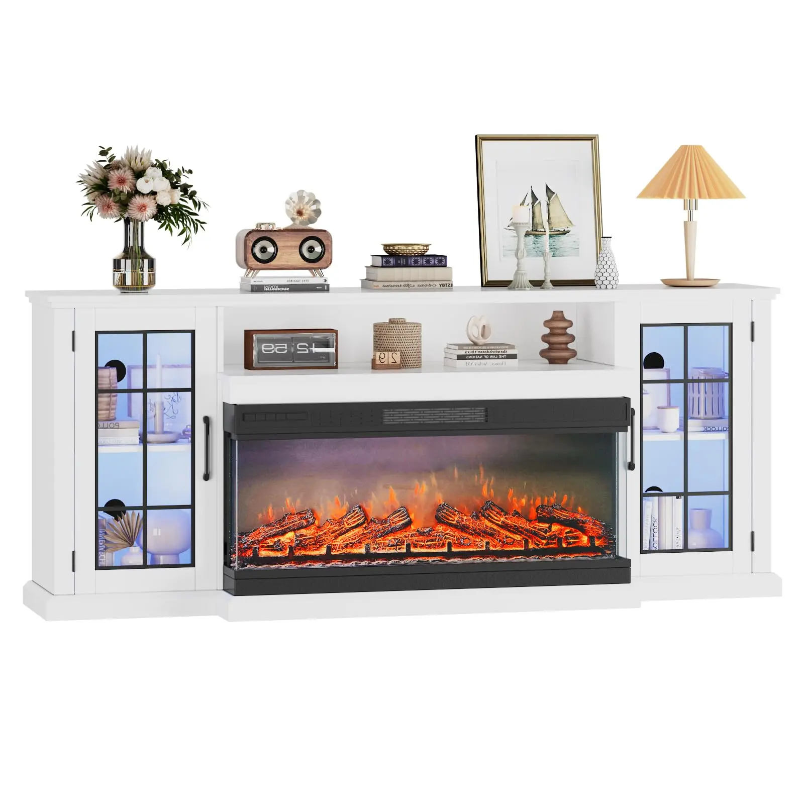 Farmhouse 75 Inch Fireplace TV Stand - 3-Sided Glass Electric Fireplace Insert, 12 LED Flame Colors, 41 Inch Mantel Heater, 2-Tier Storage & Glass Cabinets, Entertainment Center for TVs up to 85 Inch, Rustic