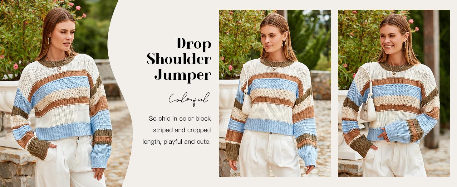 Saodimallsu Womens Color Block Sweater Striped Chunky Knit Cropped Sweaters Crewneck Fall Long Sleeve Loose Pullover Tops