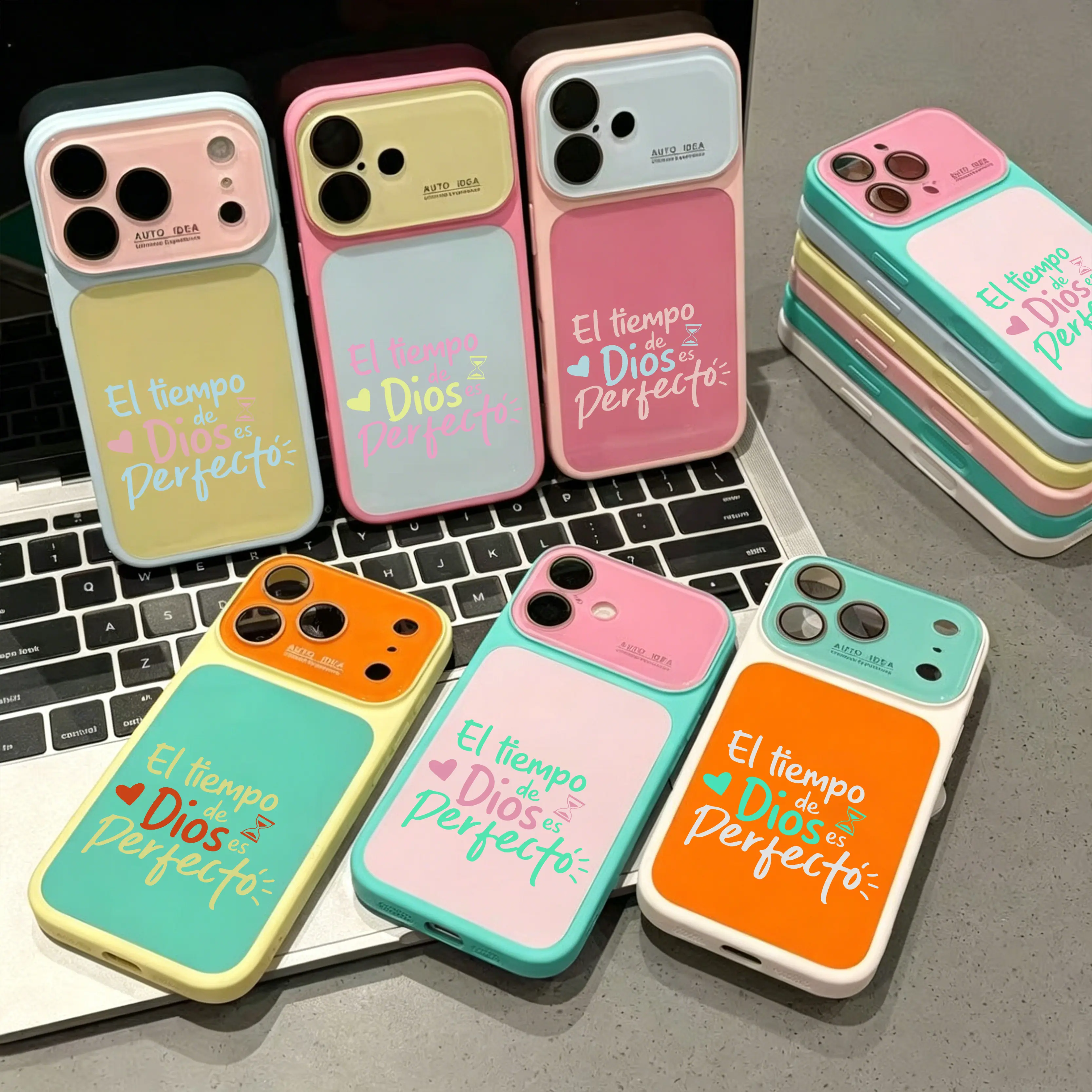 Gods Timing Is Perfect Spanish Faith Quote Color Block Phone Case for iPhone 17 16 15 14 13 including Air Pro Max Pro and Plus models where available TPU PC Protective Raised Camera Cover Colorful Christian Gift for Women NN207