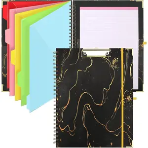 Clipboard with Notepad Clipfolio 5 Dividers with 10 Pockets Letter Size Spiral Clipboard with Storage and Removable Notepad Elastic Closure Pen Loop Hardcover (Black)