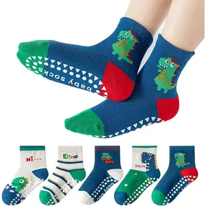 5Pairs Boys Dinosaur Socks with Non-Slip Grips, Funny Novelty Cartoon Cotton Crew Crazy Socks  Toddlers Kids 1-3T