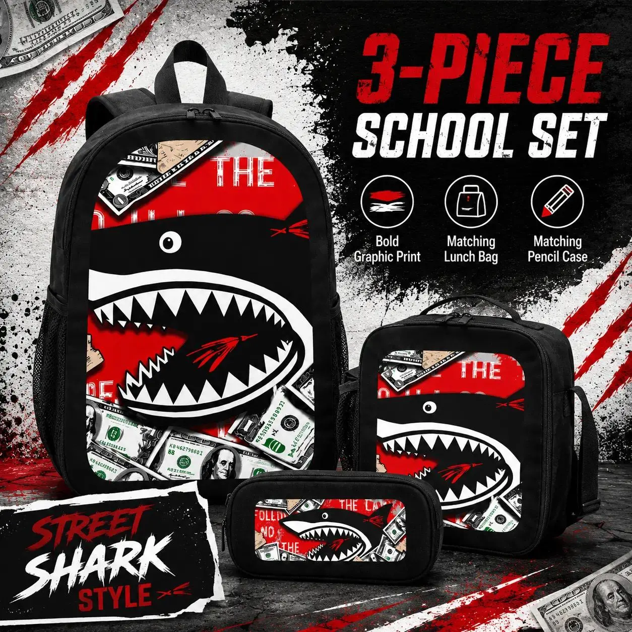 Hip hop Urban Street Style Hip Hop Graffiti Shark Mouth Backpack Set - 3PCS Lightweight School Daypack with Lunch Box & Pencil Case for Teens Kids, Trendy Streetwear Gift