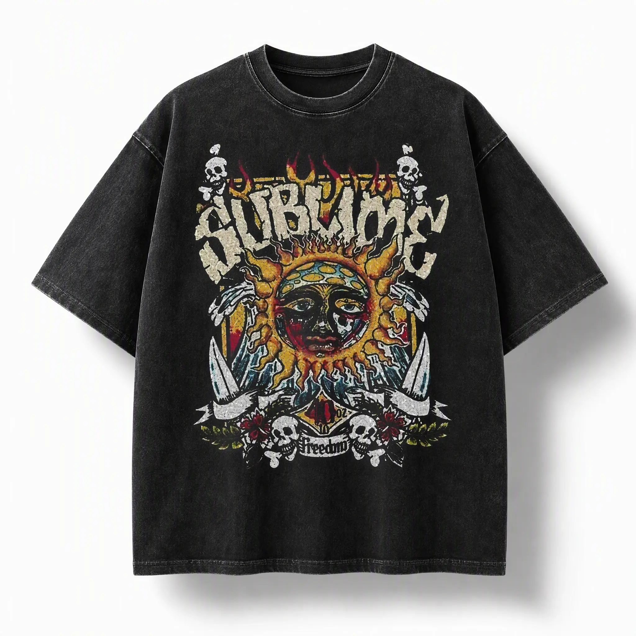 Unisex Vintage Washed Distressed Oversized Crewneck Tee - Sublime Sun 90s Retro Reggae Rock Streetwear, Classic Denim-Inspired, Personalized Office-Casual Daily Top for Men Women, Cargo