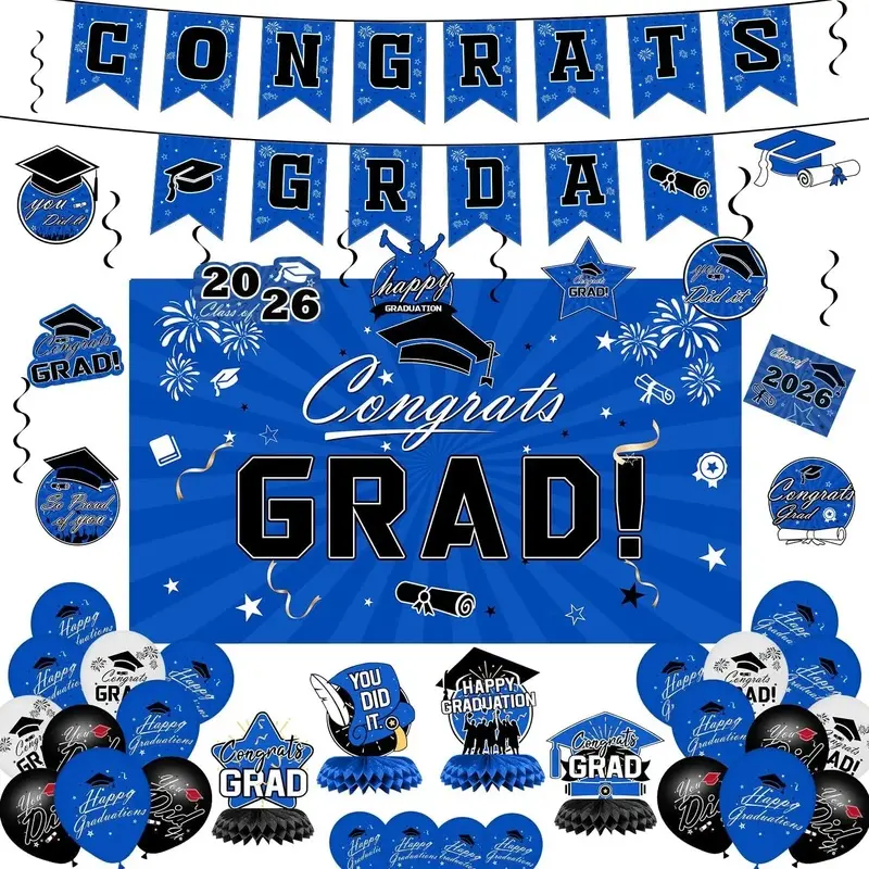2026 Blue Themed Metallic Graduation Decorations Complete Kit - Class of 2026 Theme Balloon Decor, Congrats Grad Banner, Photo Backdrop, Hanging Swirls, Latex Balloons Add Light-Airy Motion, Coordinated Pieces Save Planning Time for High School Grads