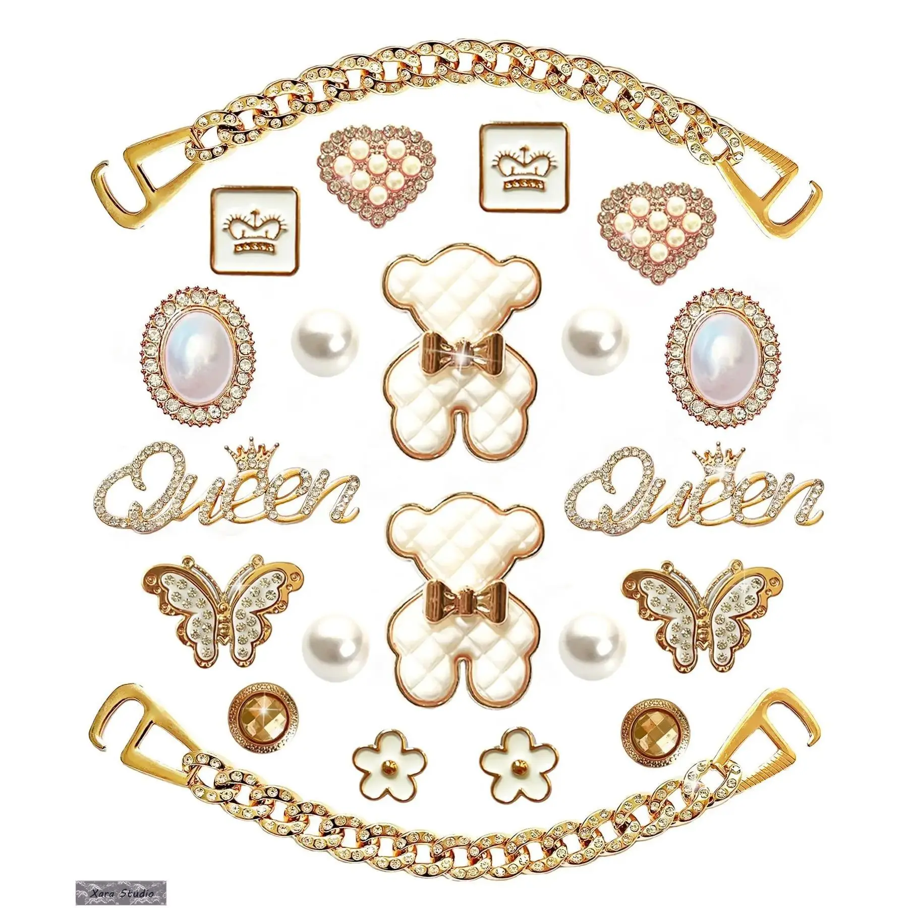 Women's Rhinestone Bling Golden Chain Footwear Charms Set, 20pcs Resin Charms & 2 Chains for DIY Clog Sandal Decor, Girly Party Favors, Clothes Accessories