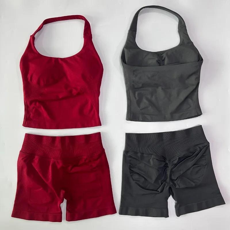 2pcs Gym Set Women Halter Tops High Waist Scrunch Seamless Shorts Fitness Clothes Activewear Workout Set Outfits Gym Suit