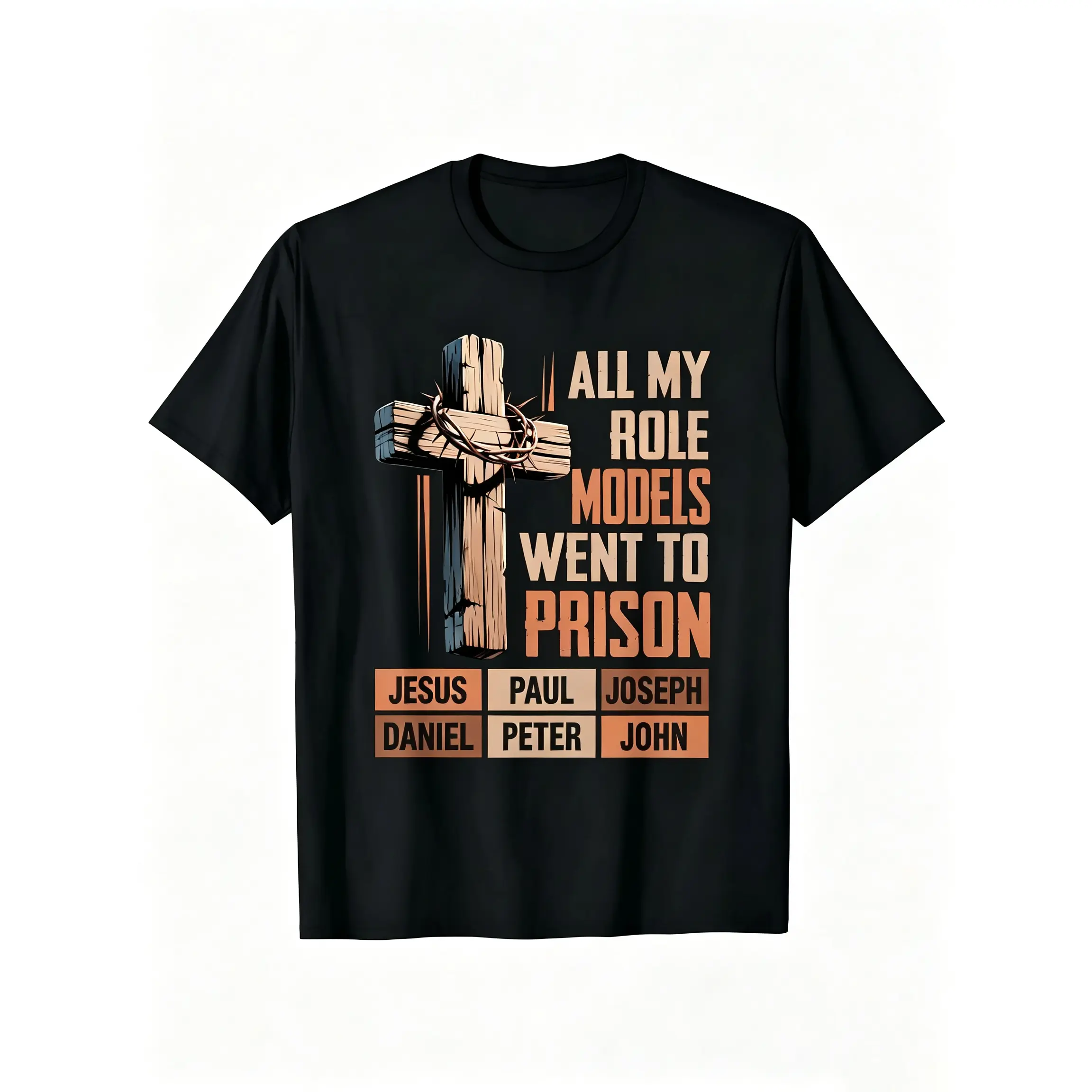 "All My Role Models Went To Prison" Bible Characters Cross Graphic T-Shirt for Men & Women - Vintage Christian Faith Tee, Soft Breathable Cotton Crew Neck Short Sleeve, All-Season Summer Spring Casual, Great Daily Wear & Faith Gift, Machine Washable