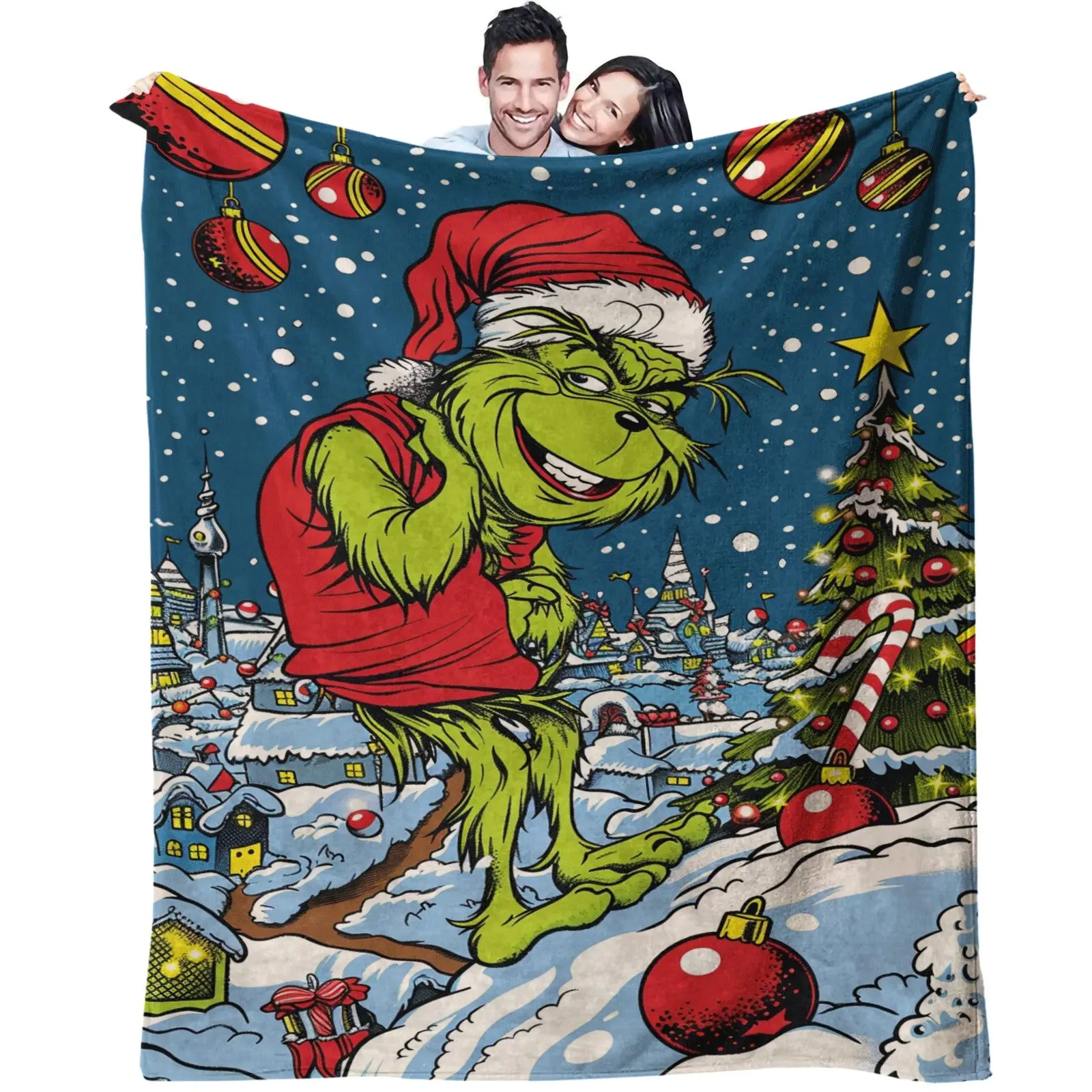 Grinch Christmas Themed Throw Blanket, Super Soft Milk Fleece & Flannel Blanket, 300GSM Anti-Static All-Season Blanket for Bed Sofa Couch Office Travel Camping, Lightweight Warm Cozy Throw, Machine Washable Non-Fading Ideal Holiday Gift