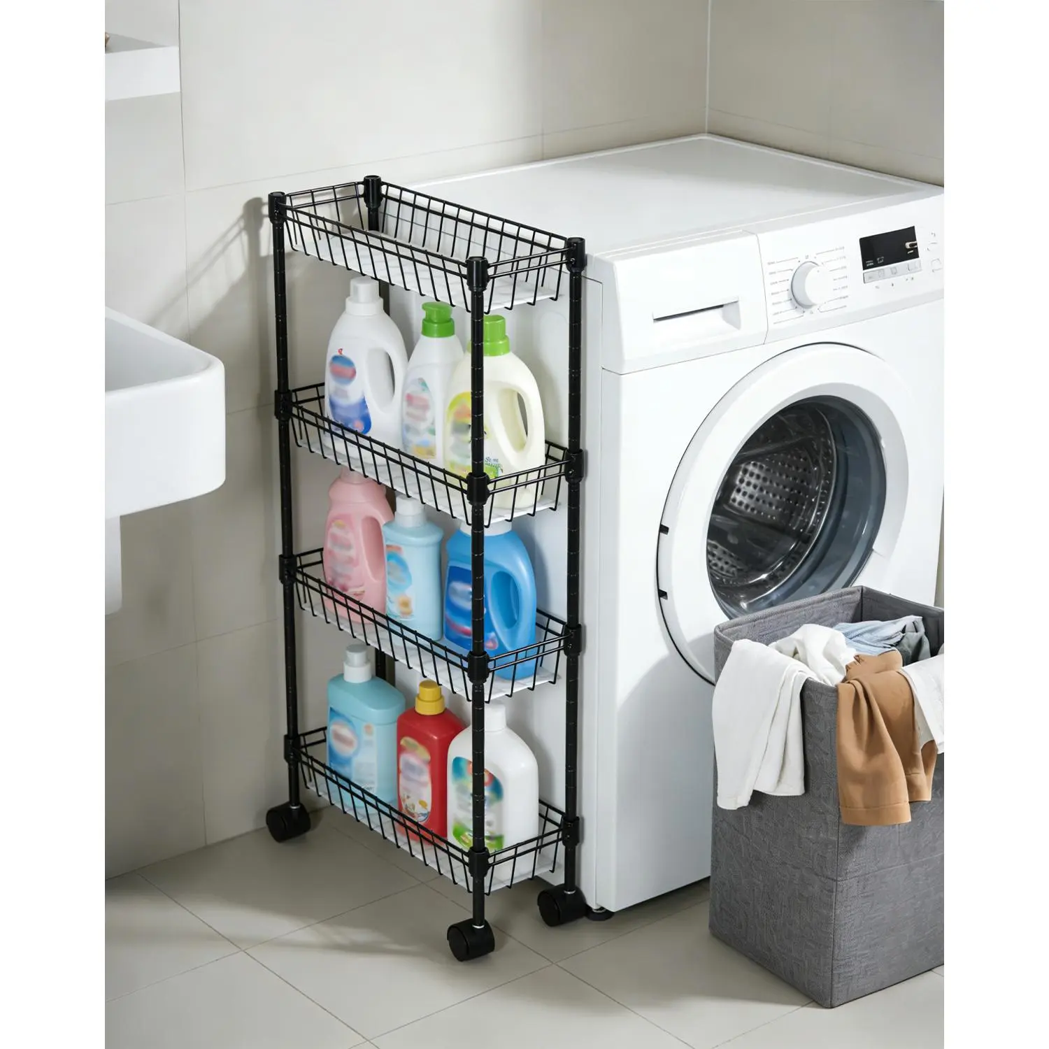 Garvee Space-Saving Slim Metal Rolling Storage Cart – 3 or 4-Tier Adjustable Utility Shelf – Mobile Organizer for Kitchen, Bathroom, Laundry, Narrow Pantry Shelf – Durable Wire Shelves – Black