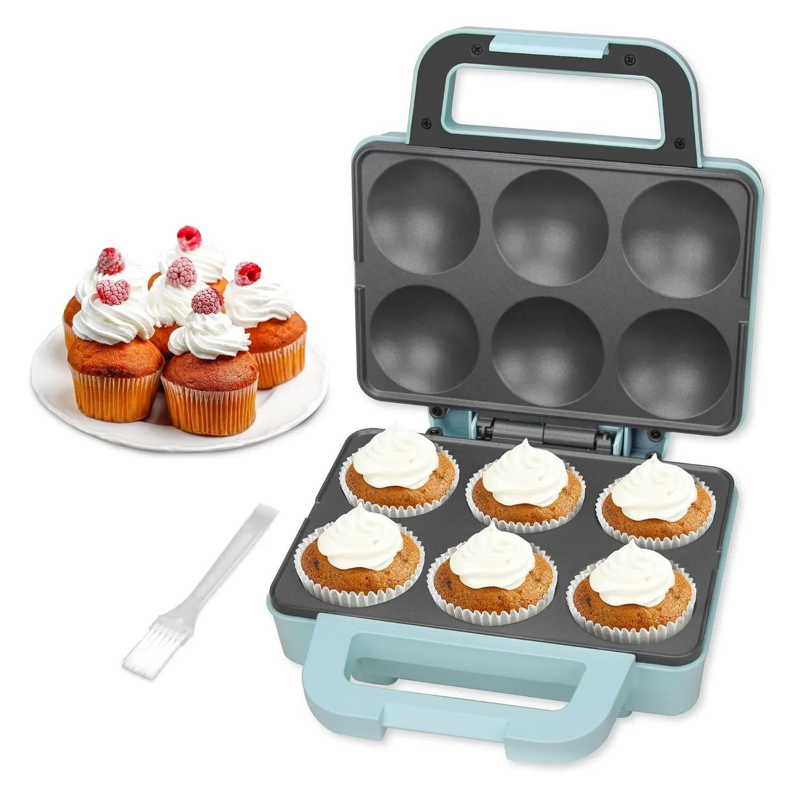 6-Count Cupcake Maker Machine, Bakes 6 X 2.5 Inch Cupcakes, Muffins, Pizza Cups, Cinnamon Buns, Cool-touch Handle, Non-stick Coating, Recipe Included, AquaGift