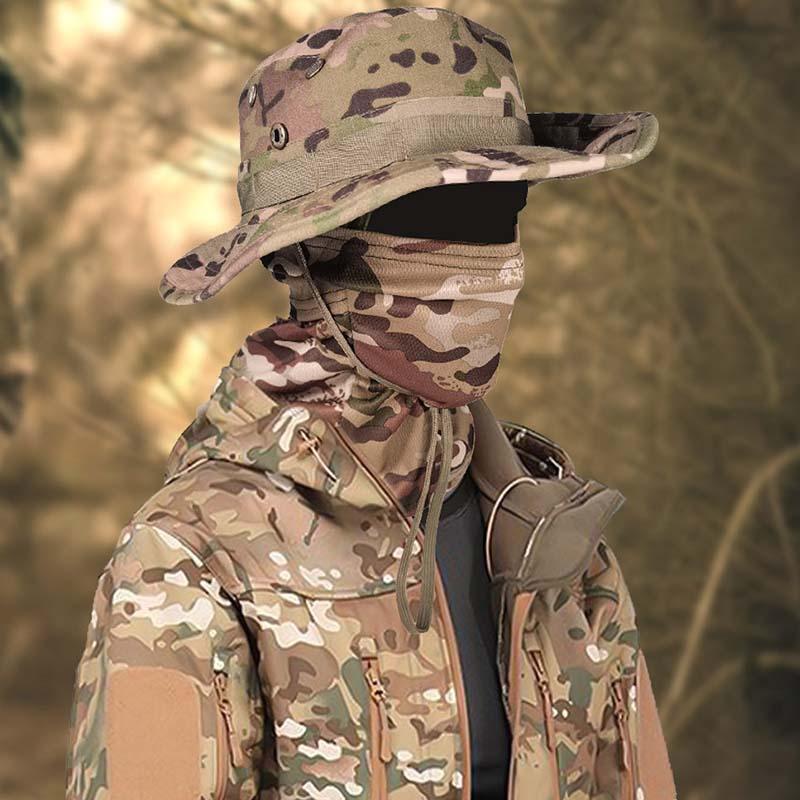 Men's Camouflage Hat and Wide Brim Cap Set, UV Protection Tactical Fisherman Hat, Outdoor Sports Hiking Camping, Casual Style