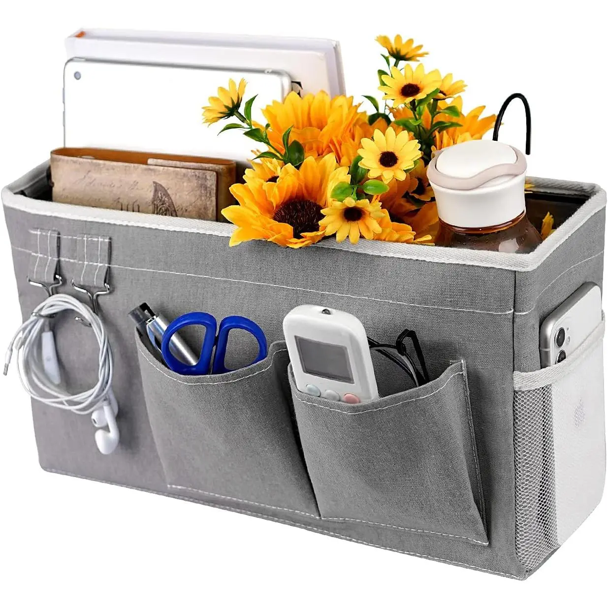 Sturdy Hanging Bedside Caddy with Hanging Hooks (37x12x20cm) - Bedside Storage Organizer for Bunk Beds, Hospital Beds, Camping, Holds Glasses, Books, Cellphones Keys, Durable