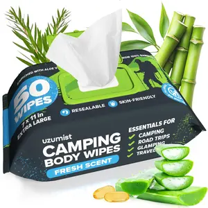 Body Wipes for Camping Adults Bathing No Rinse - 50 XL Deodorant Bathing Shower Wipes For Men Women - Disposable Washcloths & Personal Cleansing - Travel, Workout