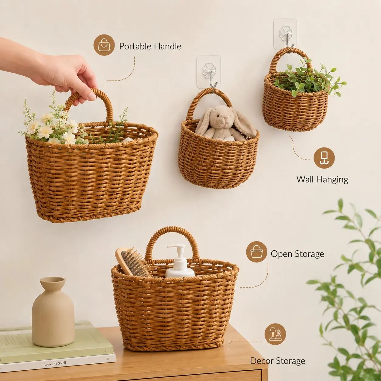 1Pc Boho Woven Wall Mount Storage Basket with Portable Handle, Hanging Organizer for Kitchen, Pantry, Bathroom & Home Decor Storage