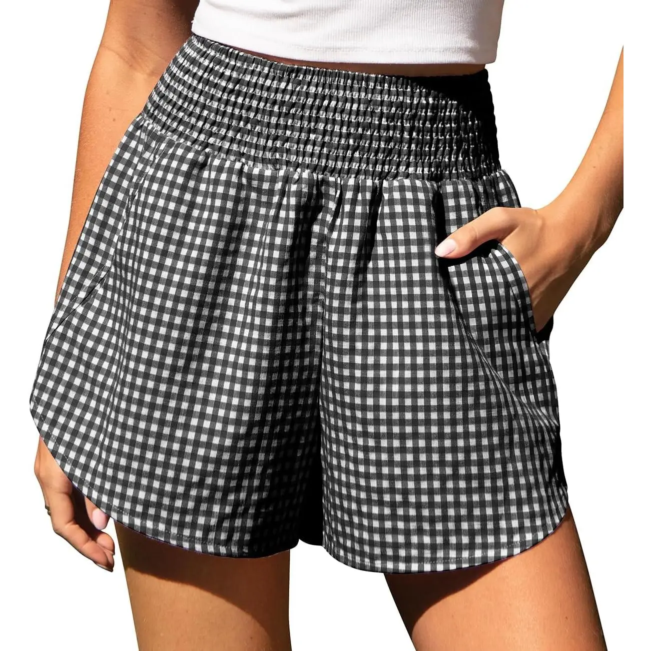 Women's High-Waisted Gingham Loungewear Shorts - Elastic, Breathable, Lightweight, Soft, With Pockets, Outfits For Summer Casual Nightwear, Bikini Cover-Up, Pair With Shirts, Crop Tops For Style (Gift)