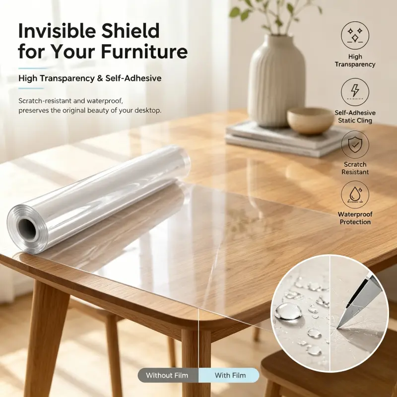 Static Cling High Clear Transparent Table Protection Film Self Adhesive Waterproof Scratch Resistant Proof Furniture Cover Roll For Kitchen Countertop Dining Desk