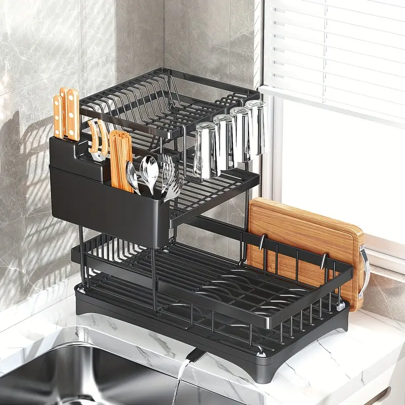1 Set  3-Layer Sink Dish Drying Rack Automatic Drainer Rotating Water Spout Detachable Utensil Holder Anti-Slip Space Saving Black White Kitchen Organizer