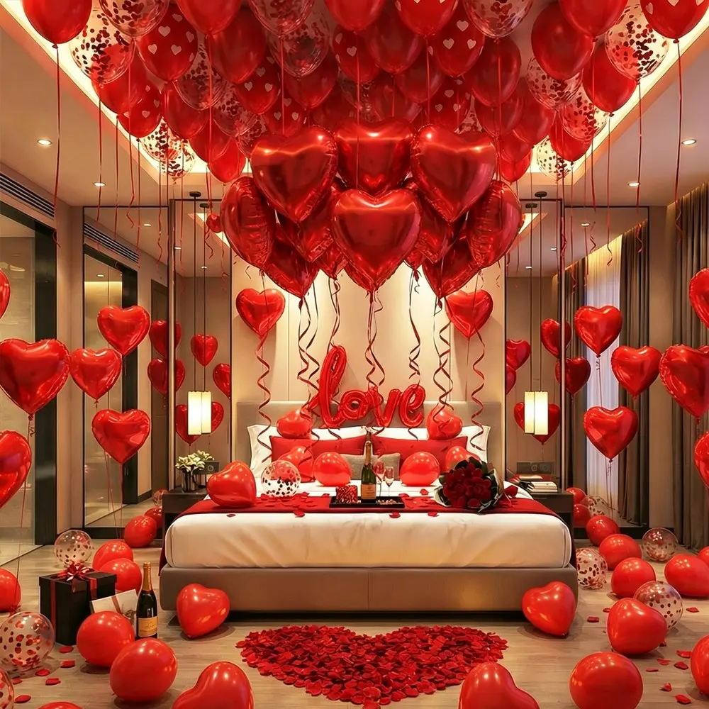 Valentine's Day Decoration Set, Heart Aluminum Balloons, Latex Balloons, Rose Petals, Paper Balloons, Romantic Atmosphere Setup, Balloon Decorations