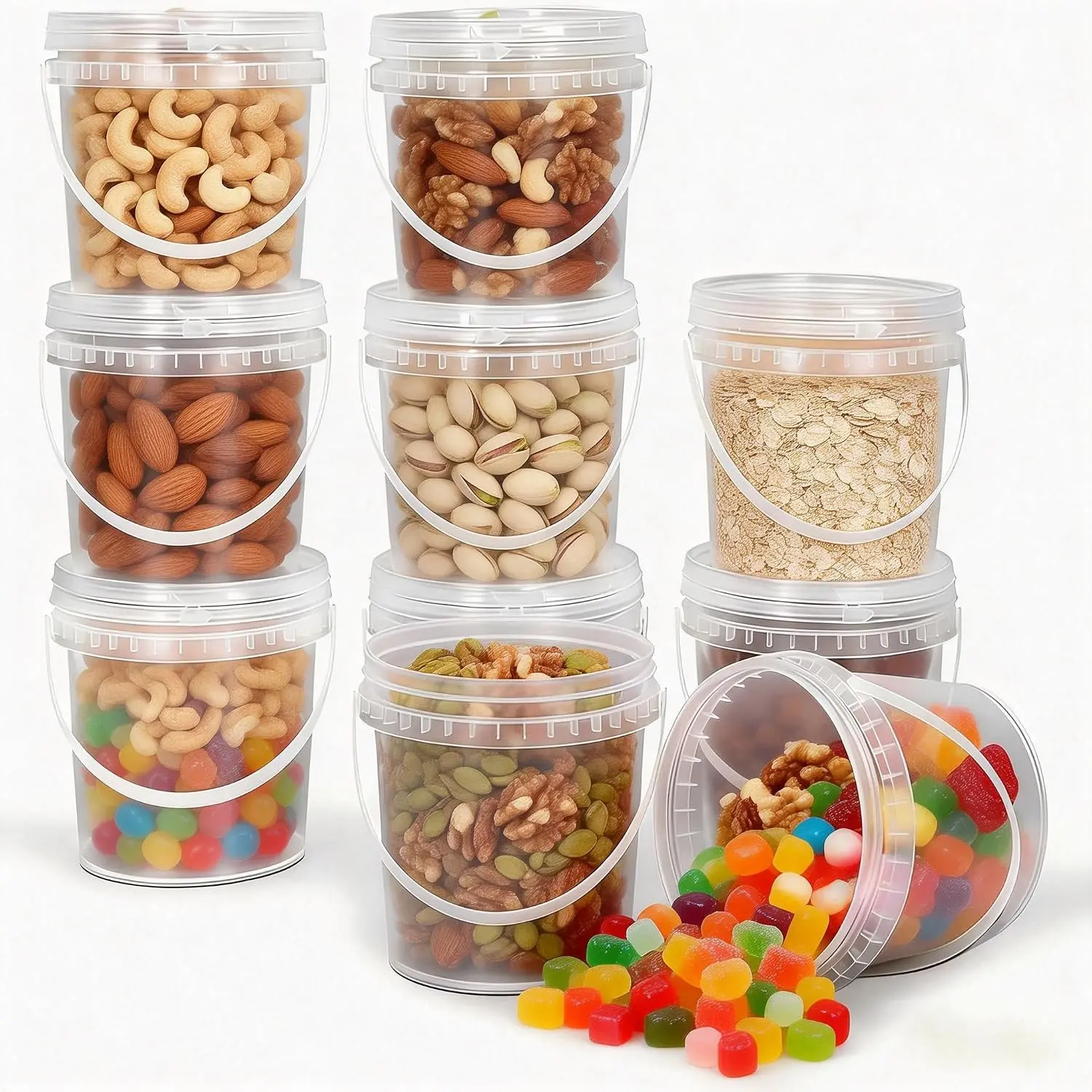 16oz Airtight Clear Plastic Bucket with Lid, Storage Containers,10 pack |  Ice Cream Tub with Handle, Round  Grade Ice Buckets for Parties, Freezer and Microwave Safe for Sauce, Soup