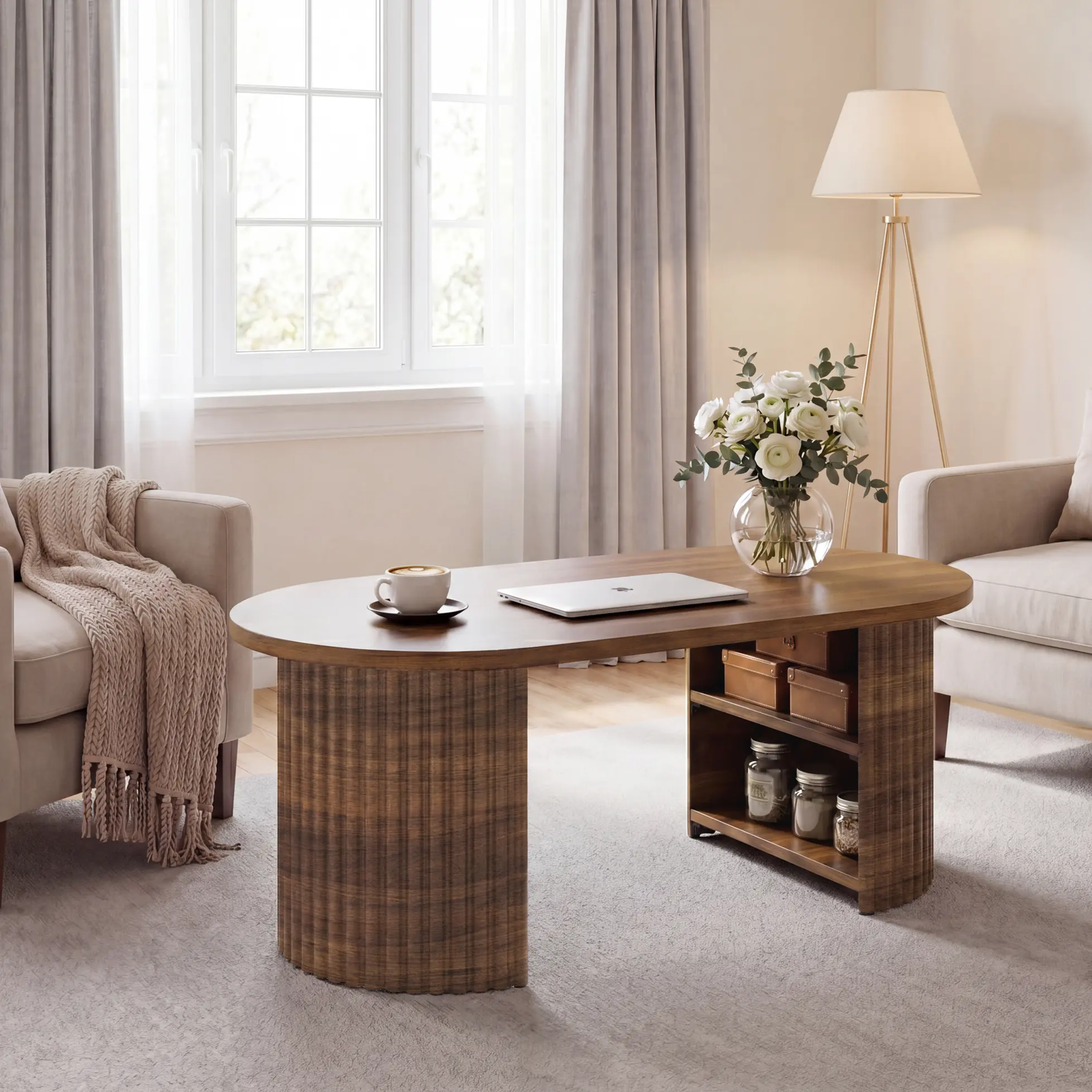 Wabi-Sabi Oval Coffee Table, Fluted Wood Center Table with 4 Open Storage Shelves, Modern Farmhouse/Mid-Century for Living Room or Small Spaces, 39.3 x 19.6 x 17.7 in, Natural Oak Beige Tone