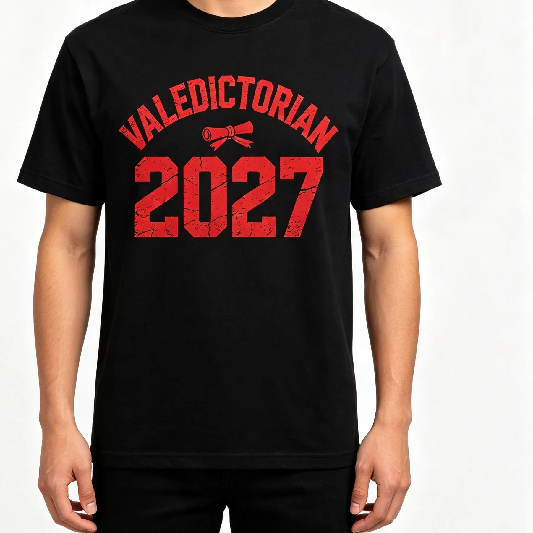 Valedictorian 2027 Curved Arch Red Distressed Text Rolled Diploma Graphic Print Oversized Crew‑Neck T‑Shirt, Unisex Loose‑Fit Short‑Sleeve Casual Tee for Top Graduate Celebration cotton graphic tees