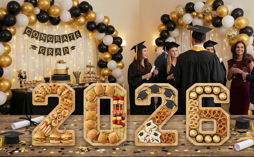 4PCS Wooden Graduation Decorations Number Charcuterie Board Box-(with 14 Balloons) 2026 Charcuterie Numbers Fillable Food Graduation Party Supplies