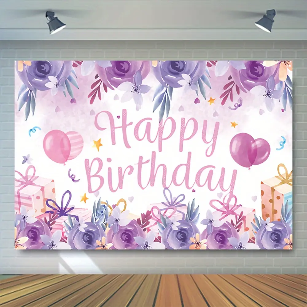 Purple Floral Happy Birthday Themed 2D Flat Polyester Photography Backdrop, HD Print Festive Backdrops & Banners, Soft Lightweight Foldable HD Printing Cloth for Birthday Parties, Indoor Portrait Shooting