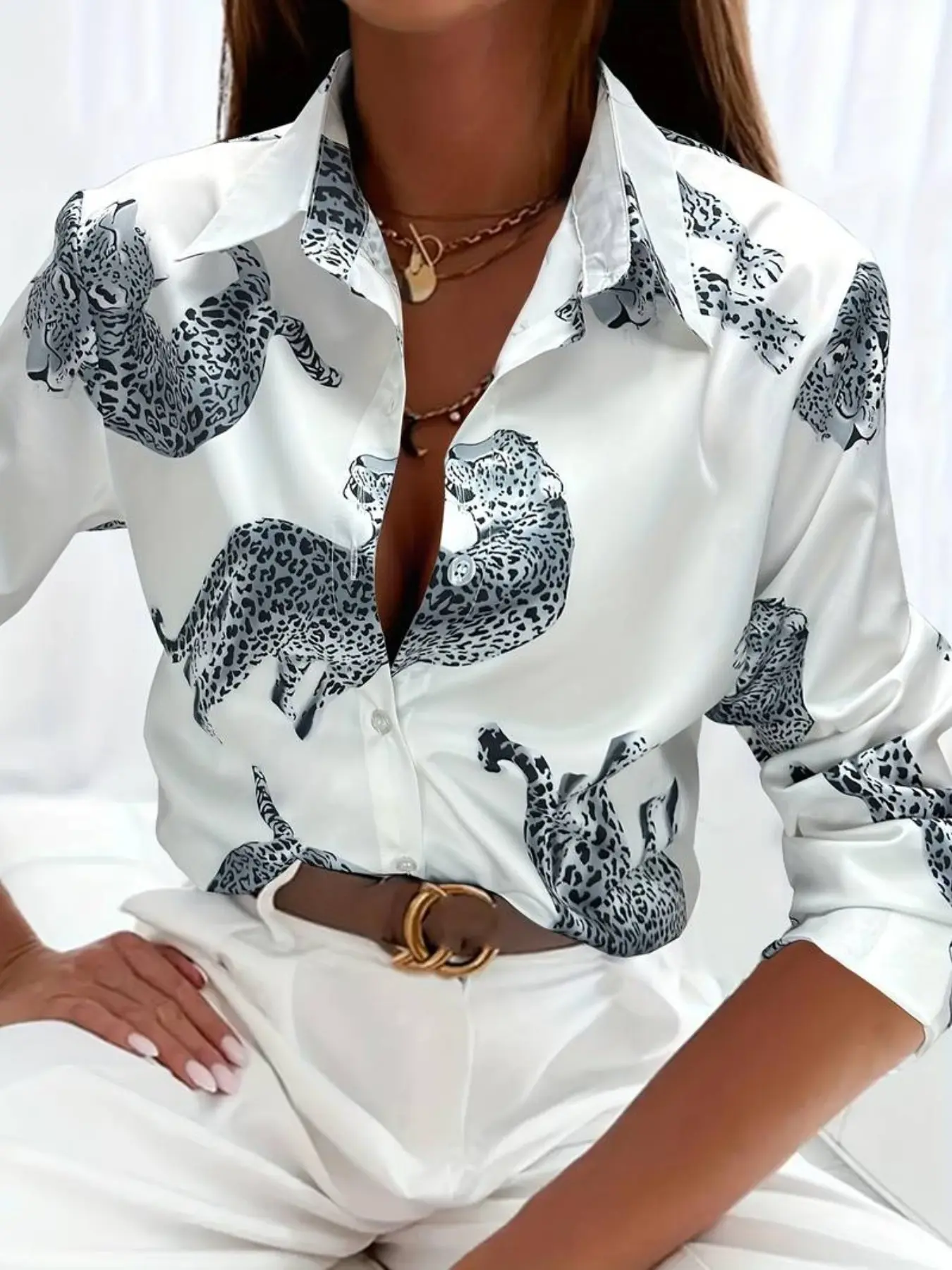 Women's Satin Leopard Print Shirt, Stand Collar Long Sleeve Button-Up Top, Casual Office Wear, Stylish Leisure Blouse