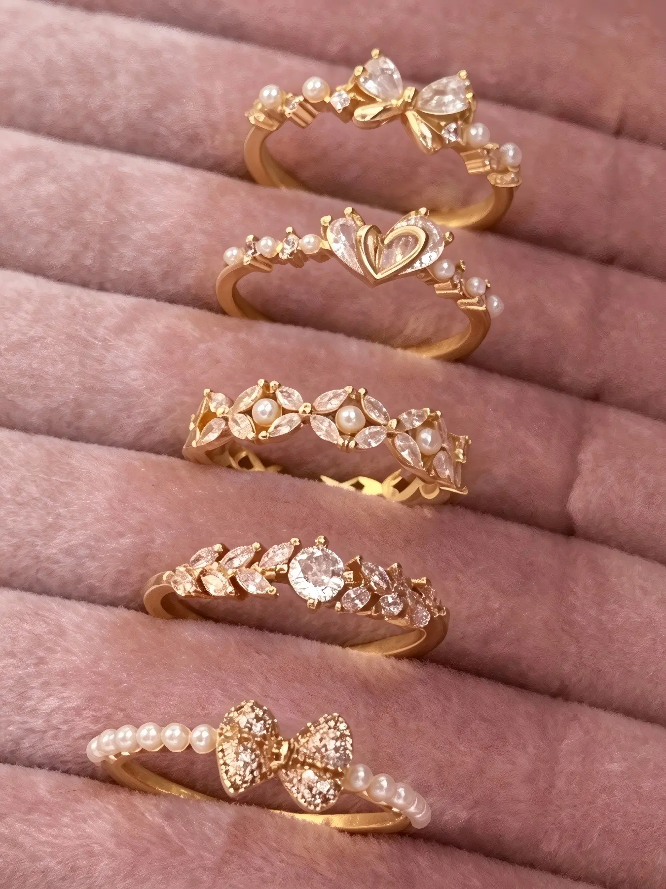 5pcs Elegant Exquisite Faux Pearl & Zirconia Heart Bow Adjustable Rings Set, Unique Design For Daily, Party, Gathering Wear (No Gift Box)