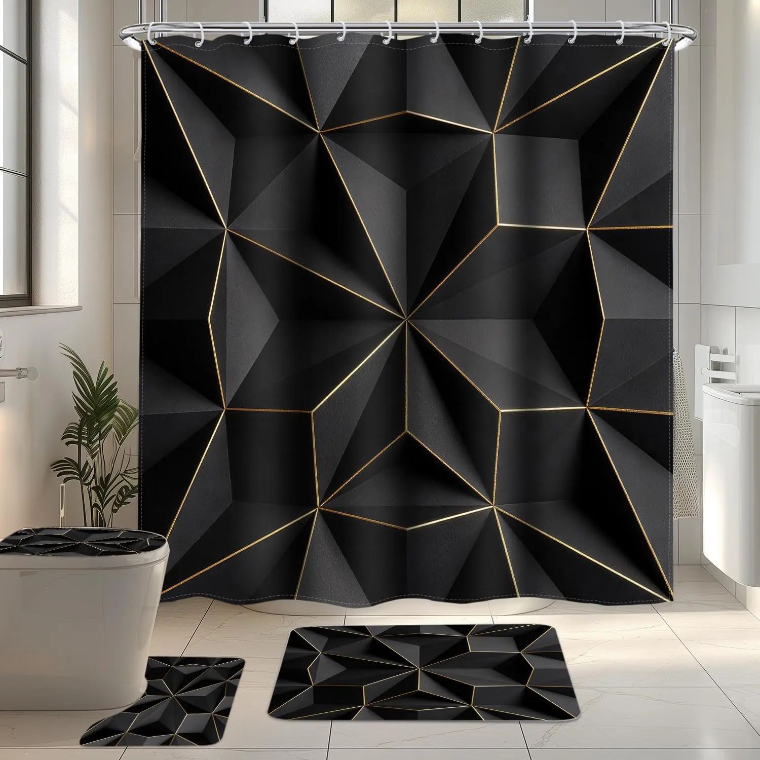 Luxury Geometric 2D Black Gold Triangle 4-Piece Bathroom Decor Set with Decor Ideas - 72 in Wx72 in H Shower Curtain, Toilet Lid Cover, Non-Slip Rug, U-Shaped Mat, 12 Hooks (Home Supplies), Bathroom Decor Ideas