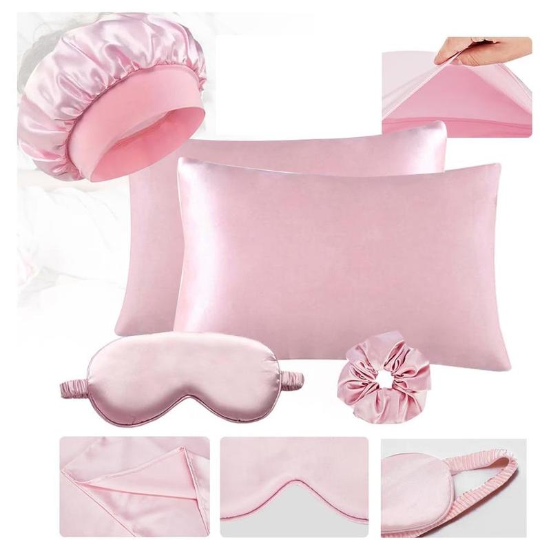 Satin Soft Sleep Set, Including 2pcs Silky Pillowcases, 1pc Breathable Hair Bonnet, 1pc Adjustable Weighted Sleep Eye Mask and 1pc Hair Scrunchie, Simple and Comfortable Bedding Sleep Aid Set, Sleeping Eye Mask