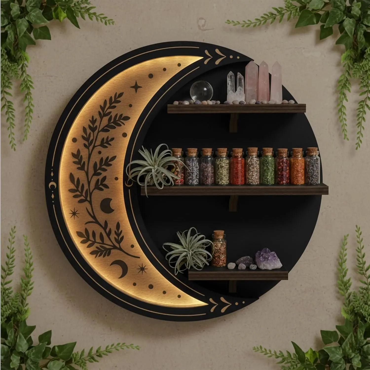 Wall Shelves for Bedroom, Crescent Moon Shelf with LED Light, Witchy Whimsical Celestial Room Decor Aesthetic, Wooden Floating Shelf for Trinket Knick Knack Crystal Rock Gem Essential Oils