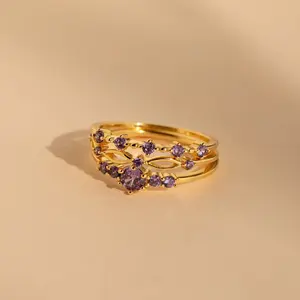 Amethyst Stacking Ring Set by Caitlyn Minimalist - Dainty Purple Gemstone Rings in Gold - Amethyst Birthstone Jewelry - Birthday Gift for Wife