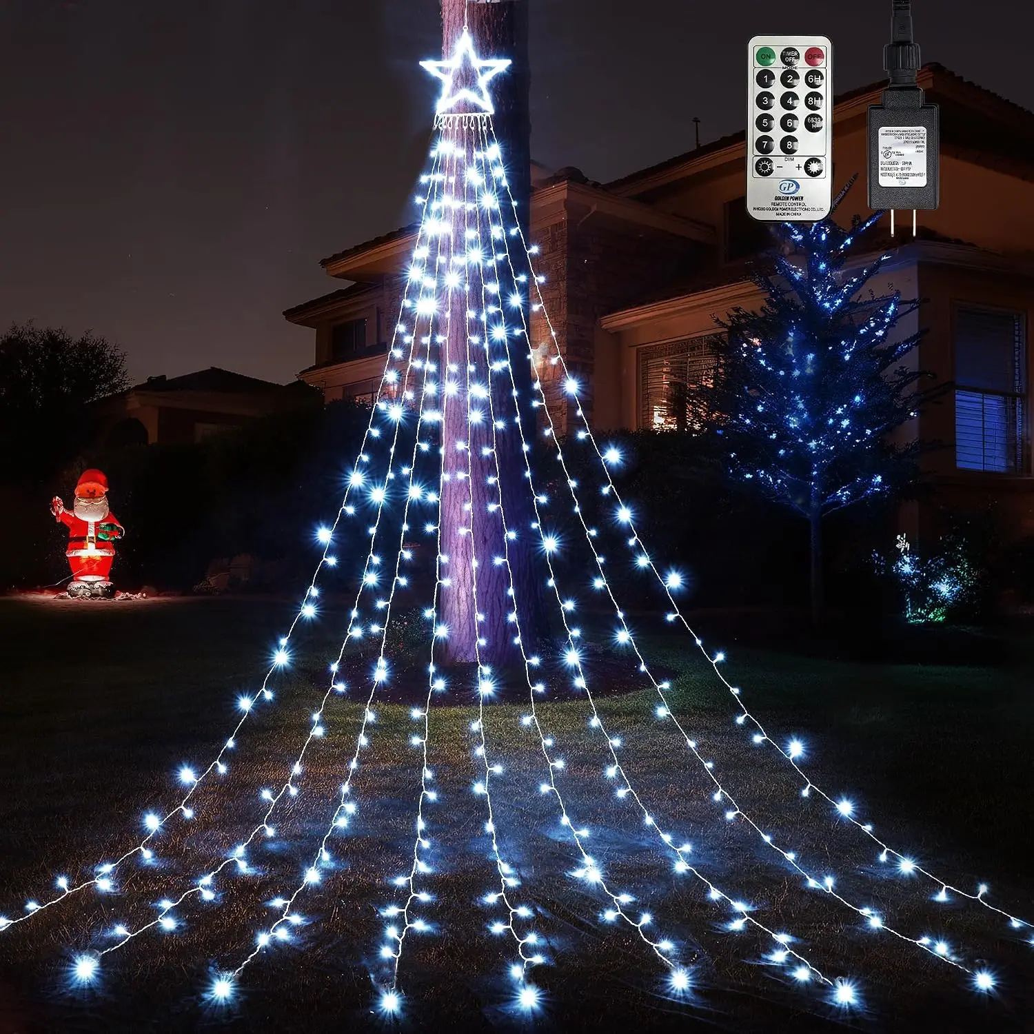 Outdoor Christmas Decorations with 12"  Topper, 344 LED 11.9ft Waterfall Christmas Lights with Remote Control, 8 Modes, 3 Timers, UL Listed,  for Tree Roof Porch Decor, Cool White