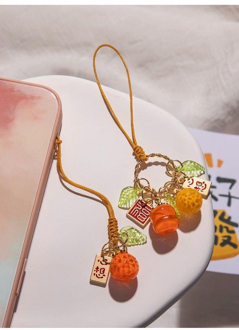Chinese Good-luck Sayings Style Phone Charm Strap Cute Orange Persimmon Phone Rope Pendant Keychain for IPhone 16
