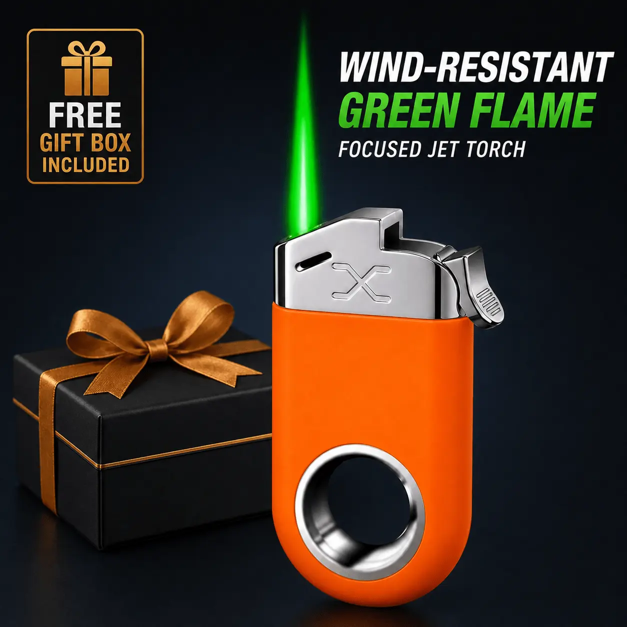 Windproof Green-Flame Ring-Jet Lighter (Butane Not Included) – Refillable Torch Lighter With Rotary Ignition And Adjustable Flame; Gift Box Included (Ideal Gift For Men)