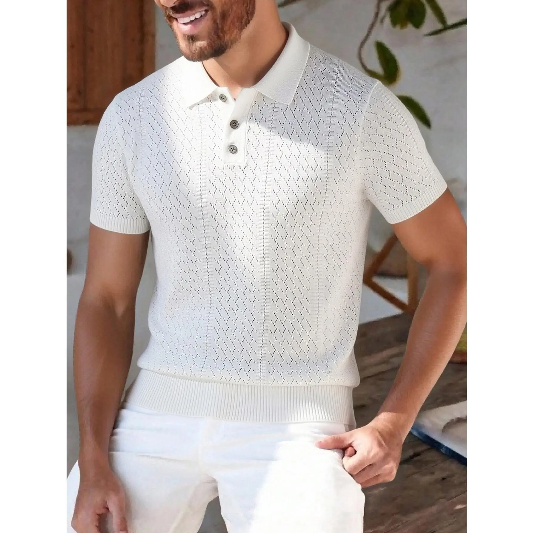 Breathable hollow diamond knit short sleeve polo shirt with flat lapel collar and three-button placket, slim stretch lightweight perforated knit fabric ribbed cuffs and hem elegant top staple for resort smart casual modern mensfashion styling