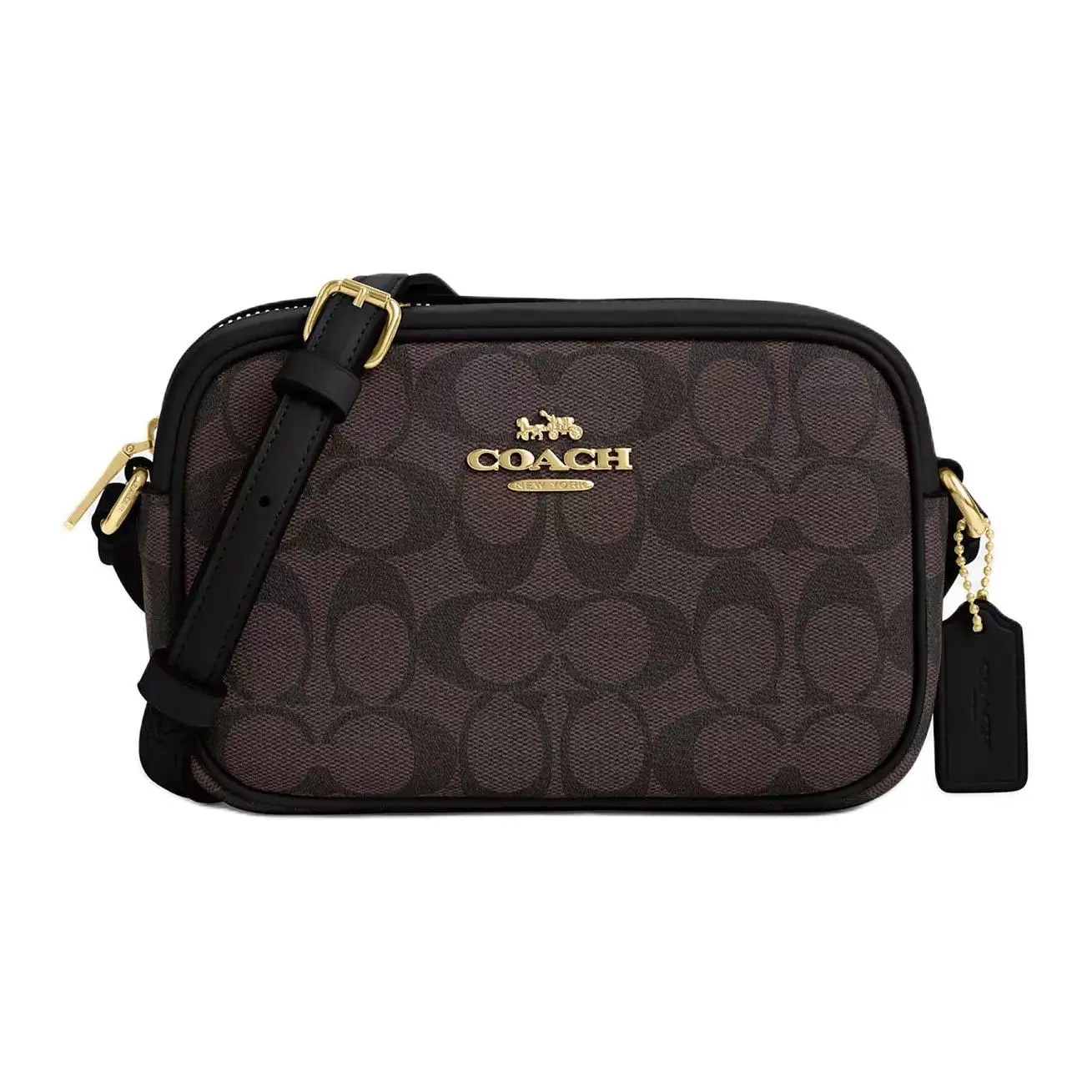 Coach Jamie 21 Classic Monogram Camera Bag for Women, Gold-Tone Hardware Zip Closure, Coated Canvas, Small Crossbody Shoulder Bag, Gold and Brown-Black