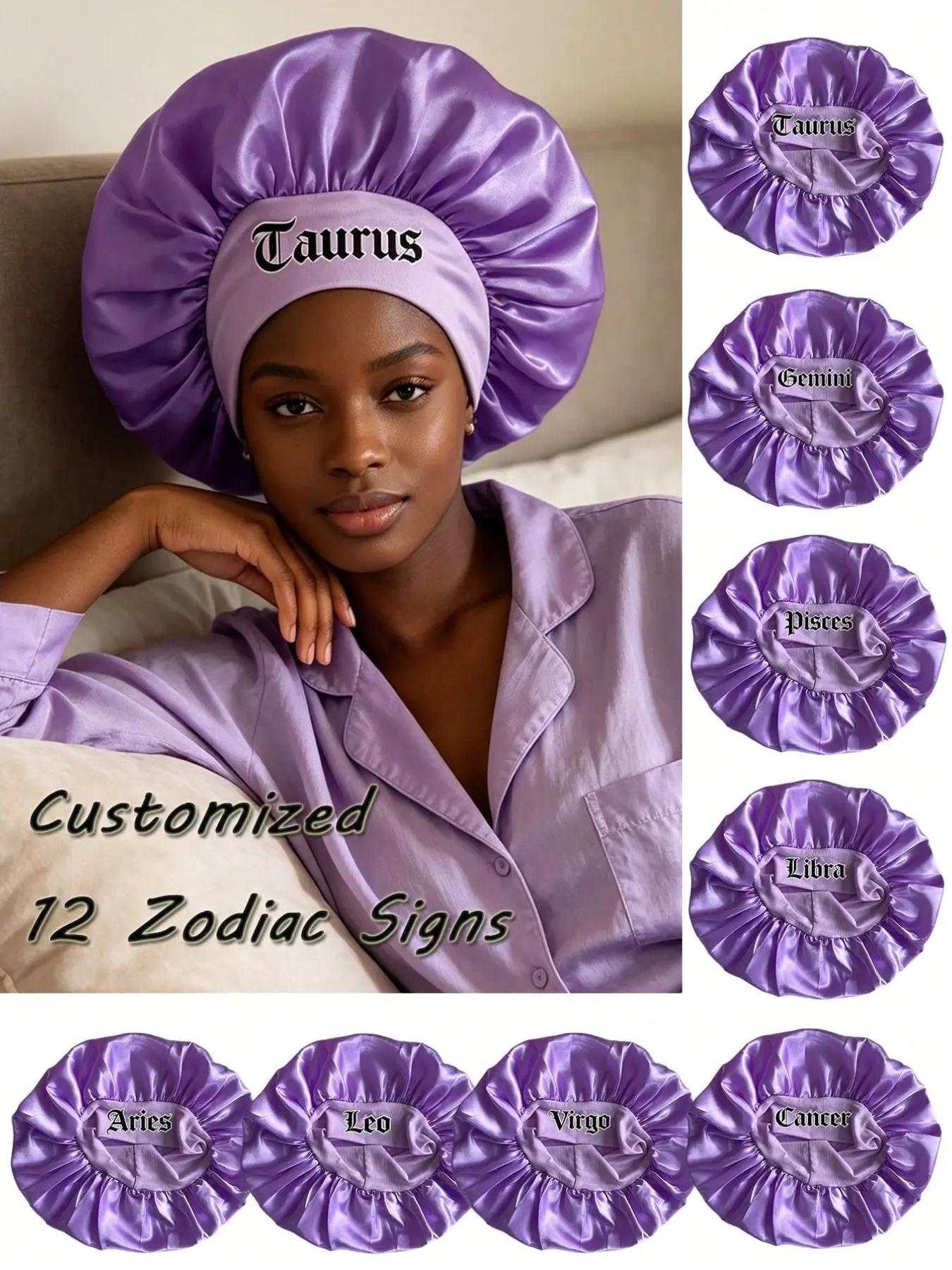 1PC Purple Satin Sleep Bonnet, Custom 12 Constellation Printed Hair Care Cap, Smooth Household Hair Cover, Ideal For Daily Skincare And Hair Protection At Home, Thoughtful Gift For Lovers And Family On Valentine’s Day & Mother’s Day