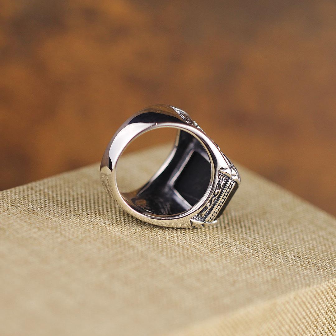 New silver advanced creative geometric diamond inlaid black agate gemstone men's lady domineering exaggerated adjustable ring