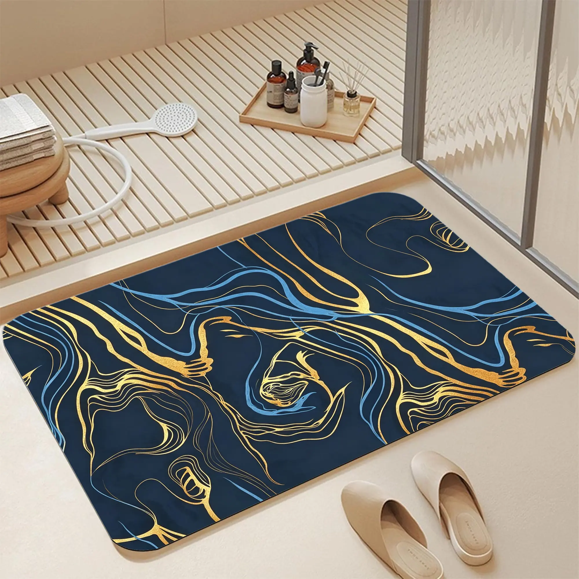 16*24" Dark Navy Gold Light Blue Swirling Marble Abstract Diatomite Bath Mat |   Quick Dry Non Slip Luxury Metallic Gold Fluid Wave Marble Print Diatomaceous Earth Bath Mat Fast Water Absorbent Modern Luxury Marble Texture Shower Rug