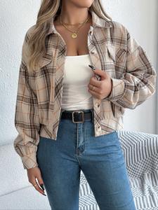 women's plaid print button front drop shoulder jacket, casual long sleeve collared outerwear for fall & winter, ladies tops clothes for daily wear